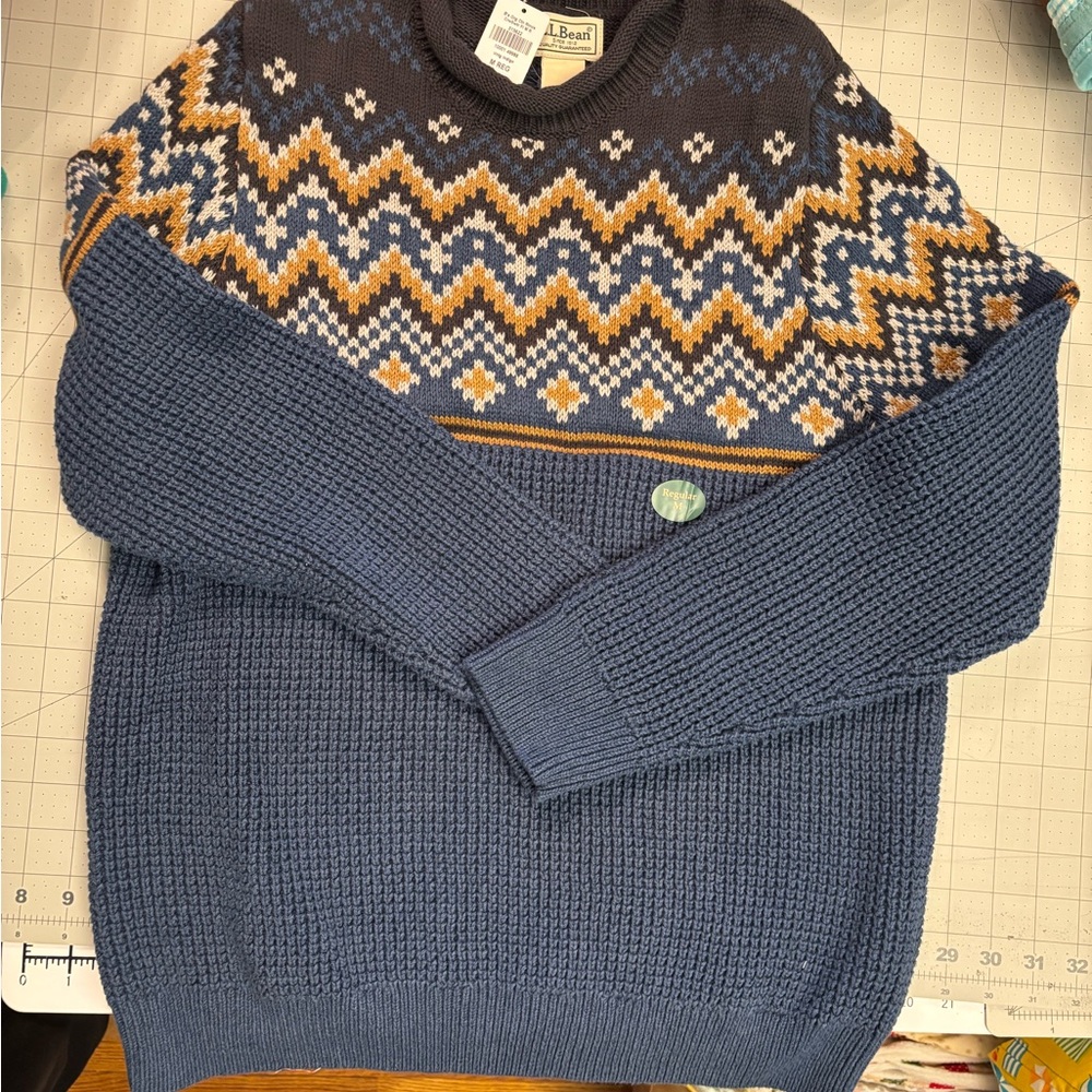 L.L. Bean Men’s Navy and Mustard Fair Isle Crewneck Sweater